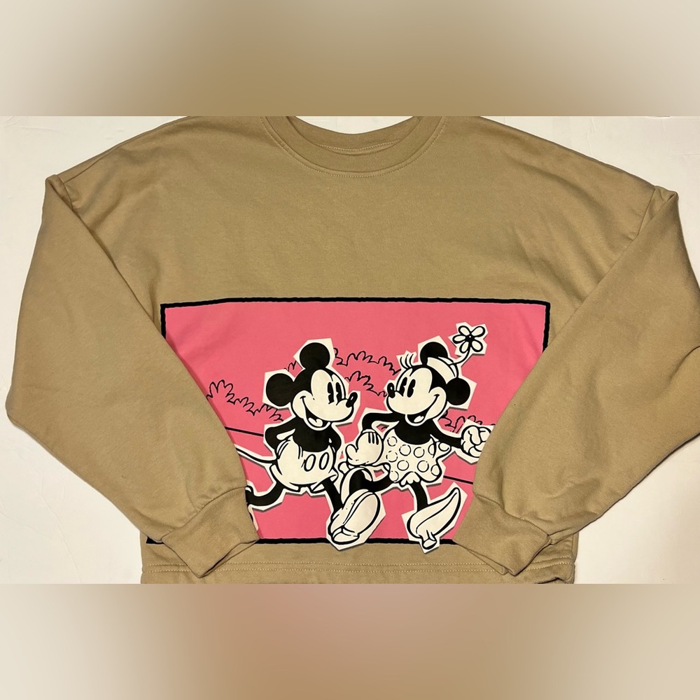 Mickey & Minnie Graphic Disney Cropped Length Tan Sweatshirt- XS